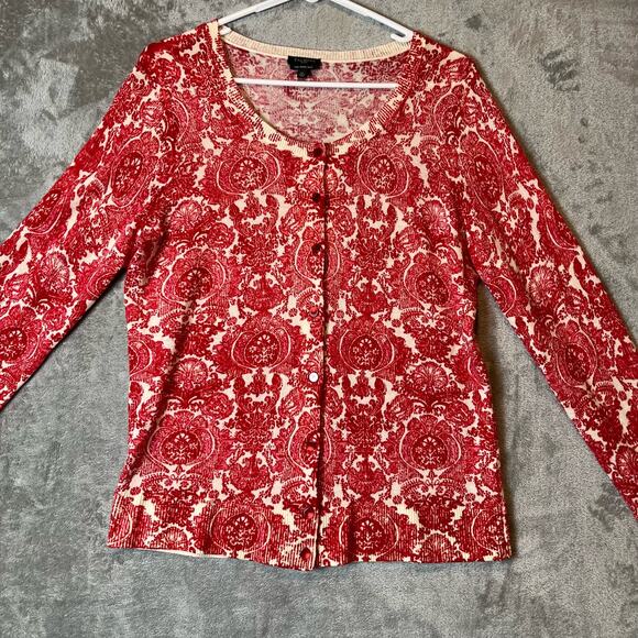 TALBOTS Orange Paisley Pure Merino Wool Cardigan Sweater Size Large Petite LP - Picture 2 of 6